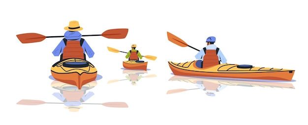 Kayakers remando en aguas tranquilas con chalecos salvavidas y cascos colores vibrantes que se reflejan en el agua recreación de aventura al aire libre