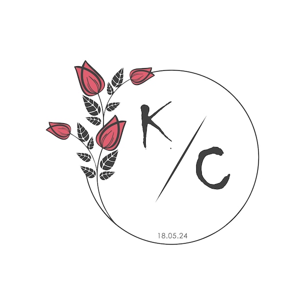 KC monograma inicial algunas rosas Círculo de boda con diseño creativo