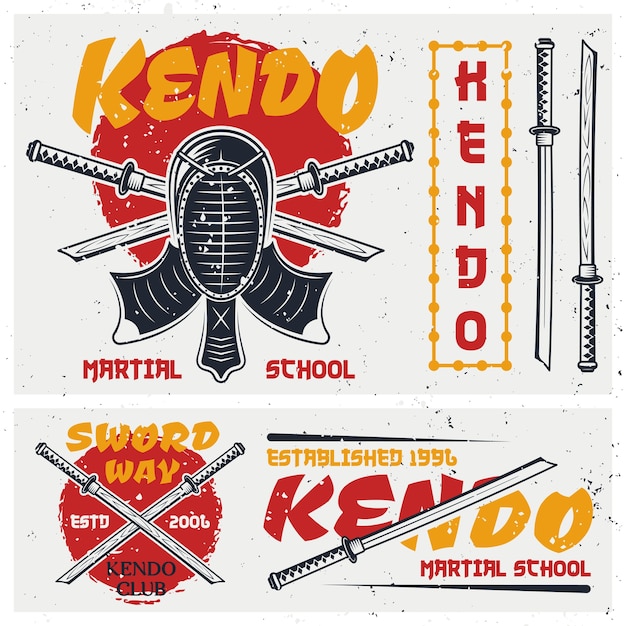 Kendo arte marcial japonés conjunto de logotipos, emblemas y elementos de colores con casco protector y espadas sobre fondo con texturas grunge