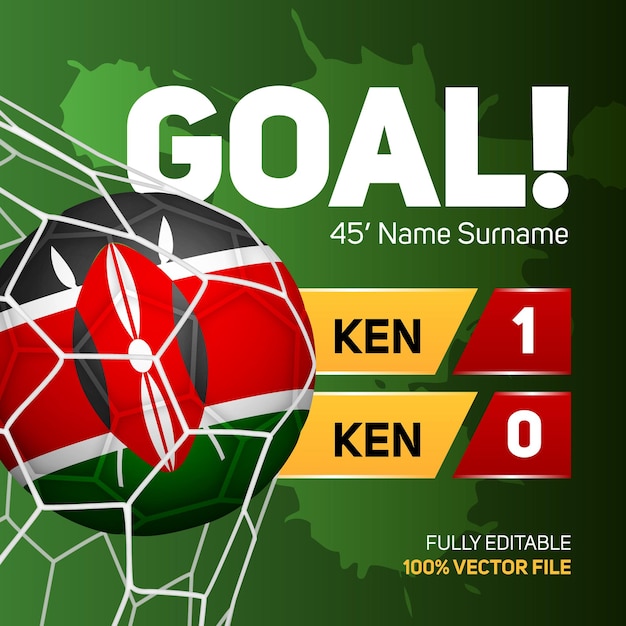 Kenia bandera fútbol fútbol pelota maqueta puntuación gol marcador banner 3d vector ilustración