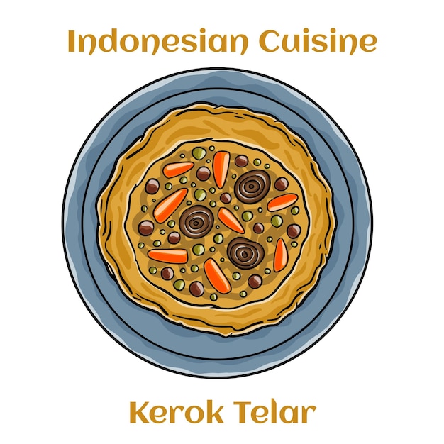 Kerak Telor Comida tradicional de Betawi Yakarta Tortilla de arroz pegajoso crujiente con coco rallado asado y mezcla de gambas secas molidas y chalota frita servida en un plato de barro