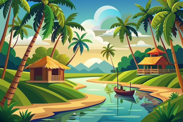 Kerala Backwater Paisaje de dibujos animados vectoriales Ilustración concepto de obra de arte de estilo plano