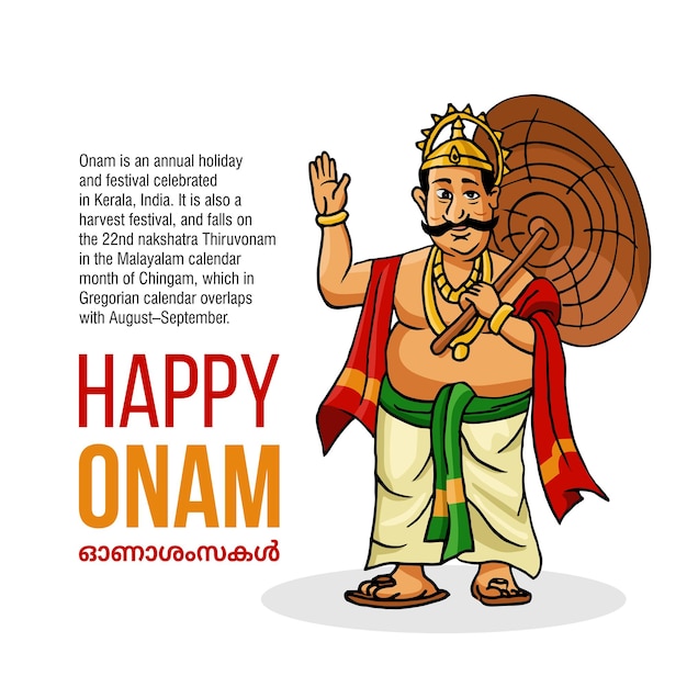 Vector kerala onam festival mahabali también conoce a maveli en fondo blanco con texto happy onam