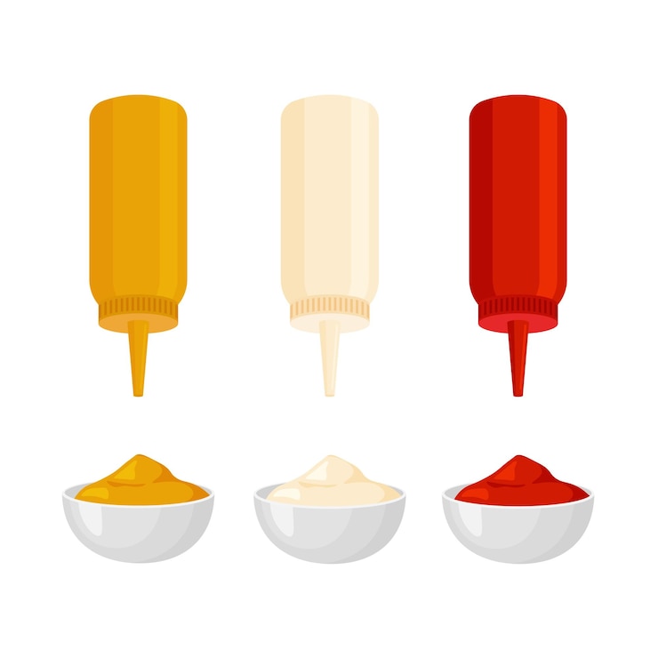 Vector ketchup mostaza mayonesa salsa de inmersión plantilla de botella de plástico elemento de diseño