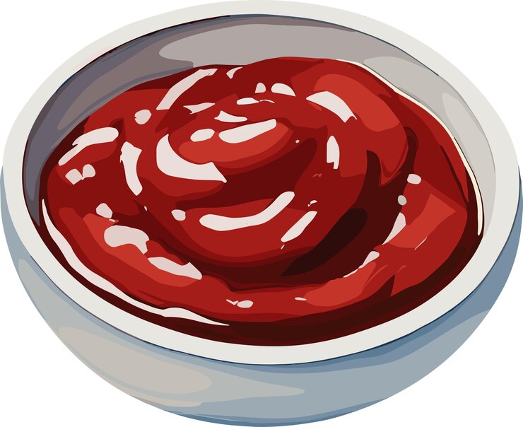 Vector ketchup en un tazón pequeño de dibujos animados o salsa roja para comida receta de curry condimento pasta de aderezo salud