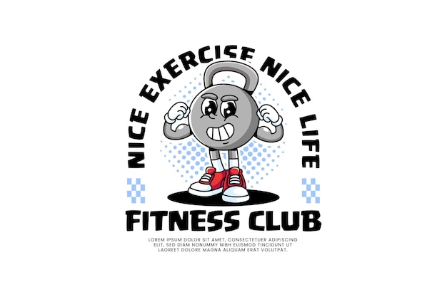 Kettlebell personaje de dibujos animados retro postura de pie mostrar ambos músculos del brazo para el gimnasio de fitness club deportivo