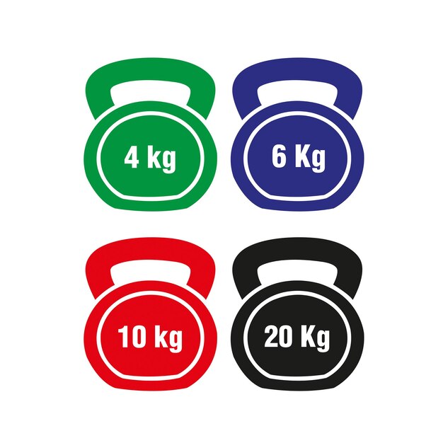 Vector kettlebells de diferentes colores y pesos sobre un fondo blanco.