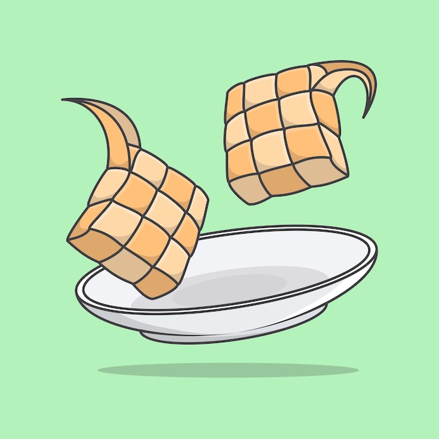 Ketupat en un plato Ilustración vectorial de dibujos animados Eid Al Fitr Ketupat Arroz Alimento Icono plano Esquema