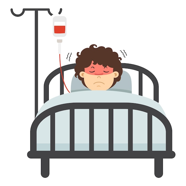 Vector kid boy acostado en la cama con fiebre alta