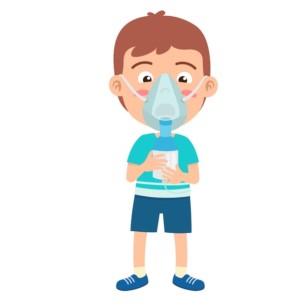 Vector kid boy tener inhalador que contenga medicina