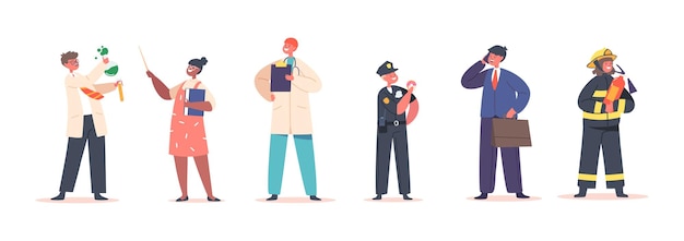 Kid Profesión Policía Bombero y médico con científico Profesor y empresario Los niños eligen carrera
