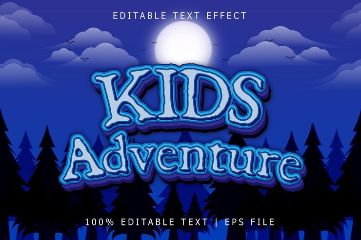 Vector kids adventure editable text effect 3 dimension relieve estilo moderno