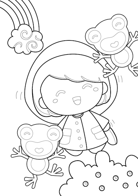 Vector kids and rain theme coloring pages a4 para niños y adultos