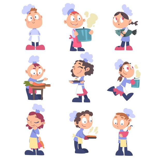 Kids Chefs Cook Set Cute Children Cookers Personajes con sombrero blanco y delantal cocinando comida deliciosa en la cocina Ilustración vectorial de dibujos animados