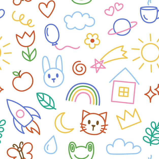 Kids children doodles drawings scribbles pattern seamless background Handdrawn illustrations