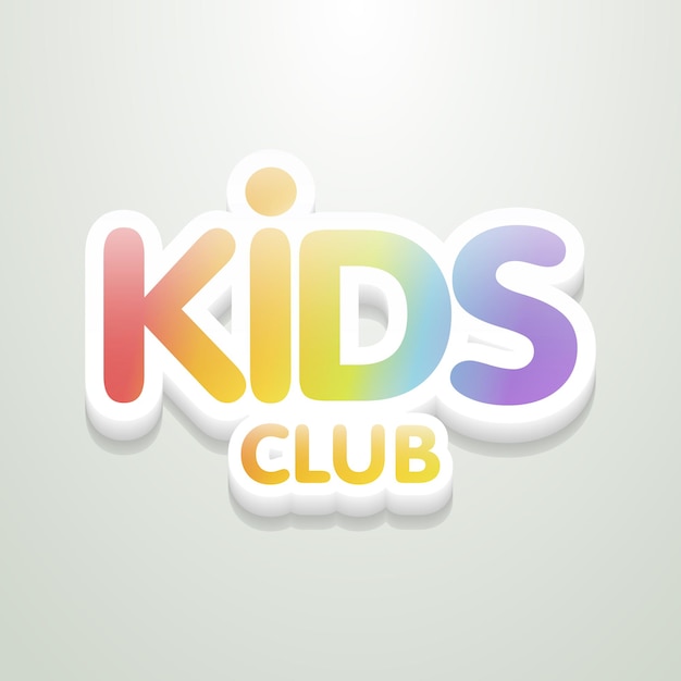 Kids club fun letras de arco iris 3d en fondo claro. plantilla de ilustración de logotipo vectorial.