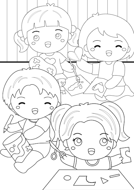 Vector kids crafting and painting coloring pages a4 para niños y adultos