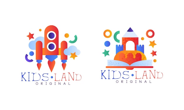 Kids Land Diseño original del logotipo Conjunto Jardín de infantes Área de juegos Etiquetas Insignias Ilustración vectorial plana