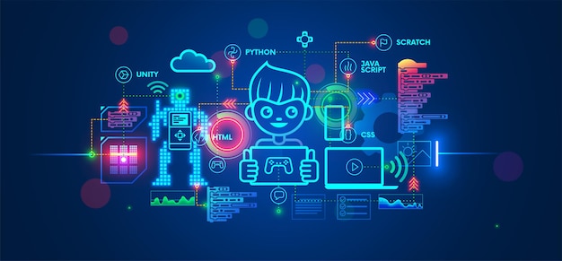 Kids learning to coding programming in online IT school Engineering courses in internet for talented children Boy studying game development robotics technology creations program code on computer