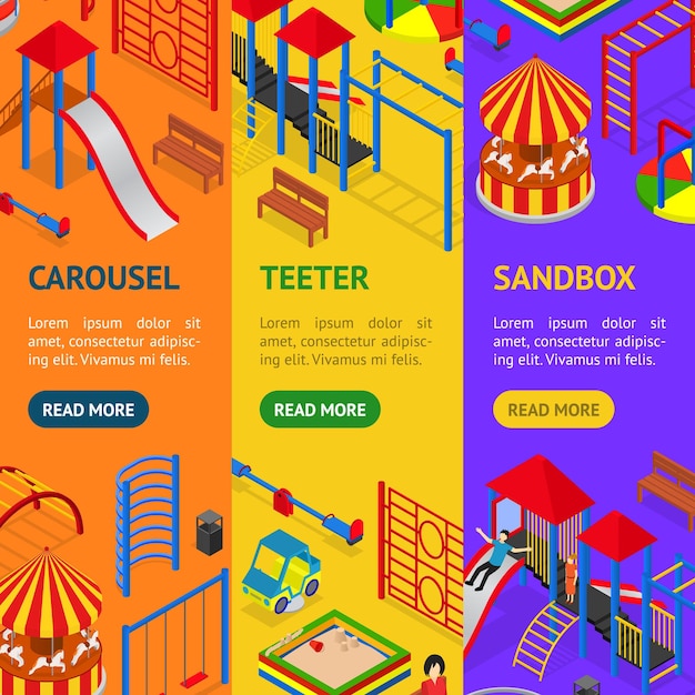 Kids Playground Banner Vecrtical Set Vista isométrica Ocio al aire libre para niños Diversión Ilustración vectorial