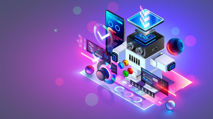 Vector kids robototechnics education concept robot with chip arduino and scratch programming for kids humanoid toy robot construction and coding in online school children ai robototechnics online courses