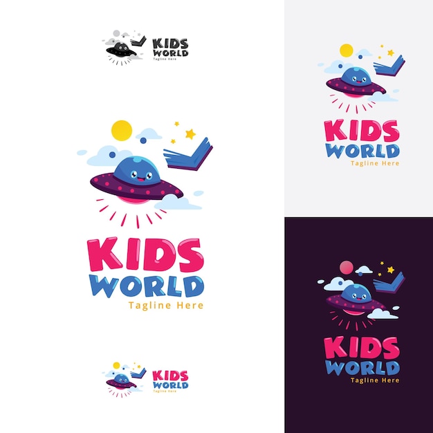 Kids world playground cute space character ship concept logo plantilla con color rosa púrpura azul