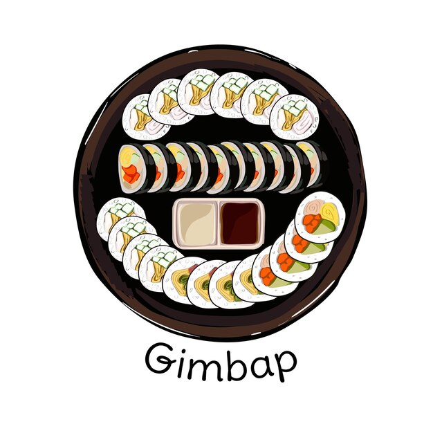 Kimbap coreano Kimbap aislado o cardán en fondo blanco Comida asiática auténtica Comida callejera coreana una rebanada de rollo de arroz Vista superior Ilustración vectorial