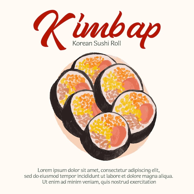 kimbap sushi vector acuarela comida coreana ilustración