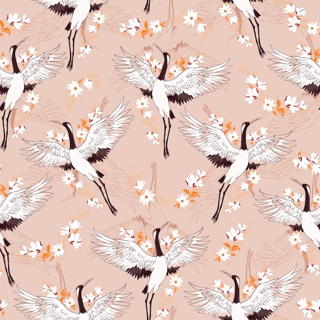 Kimono decorativo con motivo floral en el fondo con grúa y flores