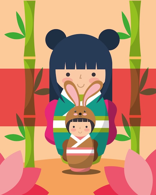 Vector kimono muñeco kokeshi japonés