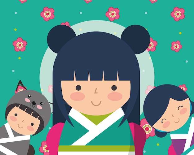 Vector kimono muñeco kokeshi japonés