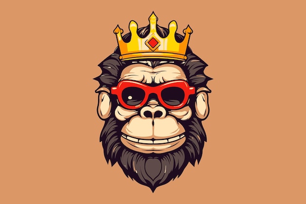 King Kong Monkey Con una sonrisa con gafas o Googles y una corona Mascot Logo Vector Sublimation De