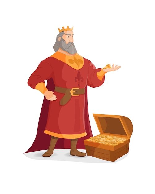 King tiene monedas de oro en sus manos. Tesoro de riqueza de oro con destellos brillantes, monedas dispersas.
