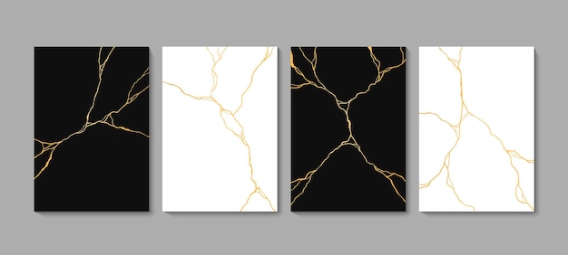 El Kintsugi dorado se rompe en el mármol blanco y negro.