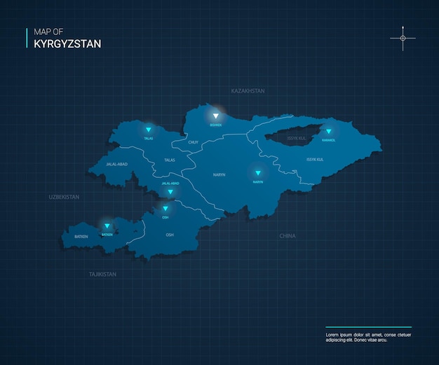 Kirguistán mapa con puntos de luz de neón azul