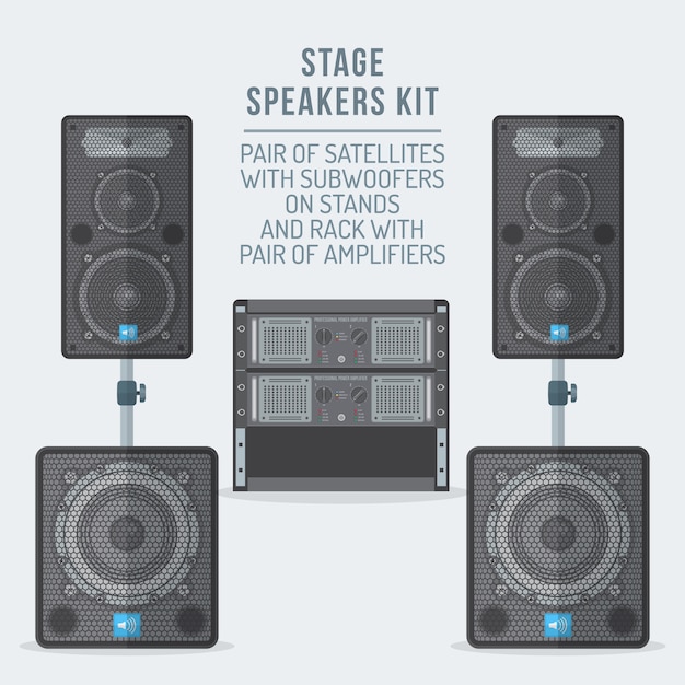 Vector kit de altavoces satélites en soportes con subwoofer y amplificadores en rack