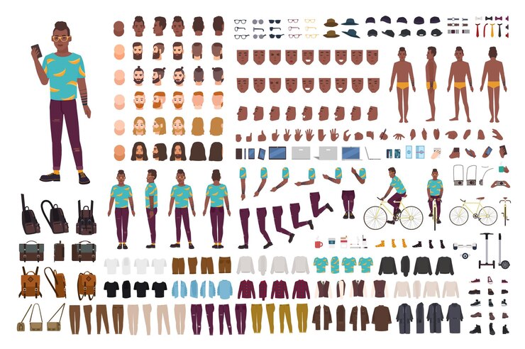 Vector kit de animación de chico hipster. hombre afroamericano vestido con ropa de moda. colección de partes del cuerpo del personaje de dibujos animados planos masculinos en varias posturas aisladas sobre fondo blanco.
