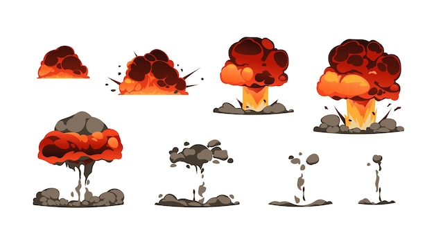 Kit de animación de explosión Efecto cómico de detonación de bomba de dibujos animados con explosión de energía de fuego y humo y activo de juego de explosión de fuegos artificiales Conjunto gráfico de explosión vectorial