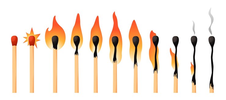Vector kit de animación de fósforos ardientes palo entero de madera con cabeza de azufre inflamable etapas de llamas desde el encendido hasta la extinción pasos de secuencia de combustión conjunto de palos de madera para el hogar de dibujos animados vectoriales