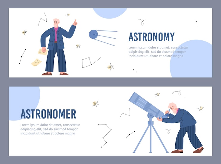 Vector kit de banners de sitio web de astronomía con ilustración de vector de carácter de astrónomo