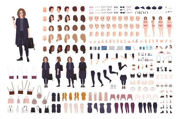 Kit de constructor de avatar de adolescente de moda. Conjunto de partes del cuerpo, ropa y accesorios. Traje de moda de estilo callejero. Personaje de dibujos animados femenino. Vistas frontales, laterales y traseras. Ilustración de vector plano.