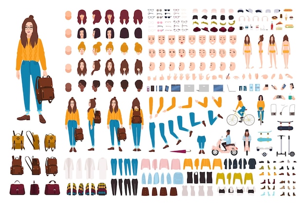 Kit de creación de chica hipster. Conjunto de partes del cuerpo de personajes de dibujos animados femeninos planos, gestos faciales, peinados, ropa de moda, accesorios elegantes aislados sobre fondo blanco. Ilustración vectorial.