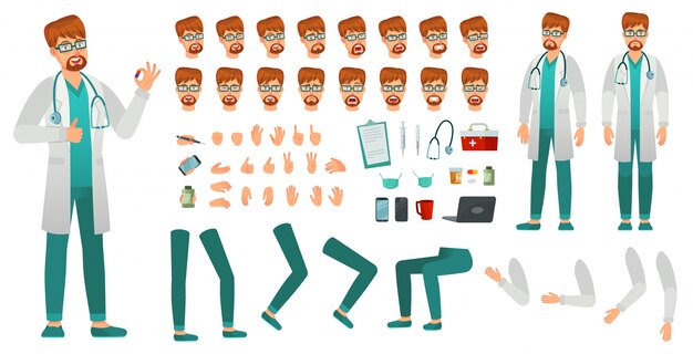 Kit de creación de médico de medicina de dibujos animados. Hombre médico, médico de la salud y conjunto de vectores de constructor de carácter médico masculino