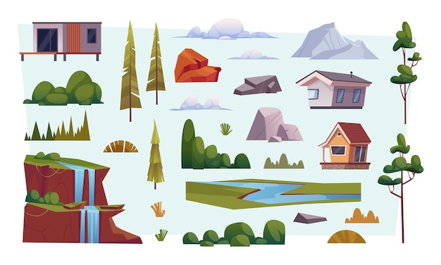 Kit de creación de paisajes Árboles plantas de hierba montañas y arena elementos constructores de dibujos animados vectoriales exactos Ilustración de plantas de árboles y hierba
