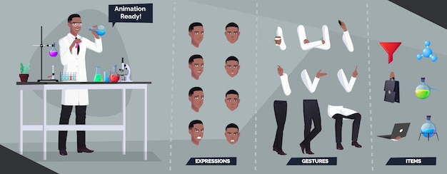 Vector kit de creación de personajes de químico científico estilizado expresiones faciales poses y algunos instrumentos de laboratorio