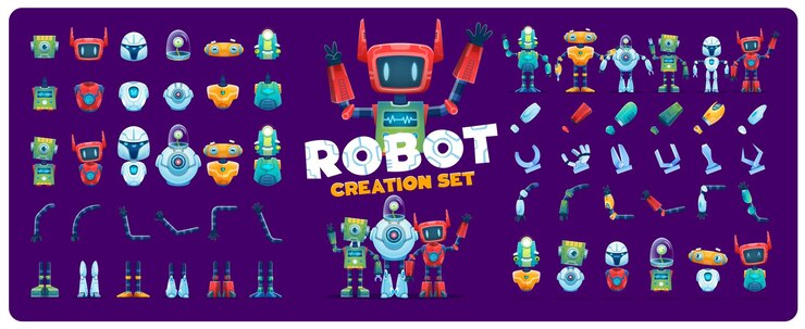 Vector kit de creación de robots constructor de personajes de dibujos animados y activo de animación de lindos androides androides o personajes vectoriales de bots cyborg partes del cuerpo del robot ai con caras graciosas automatización armadura piernas y brazos