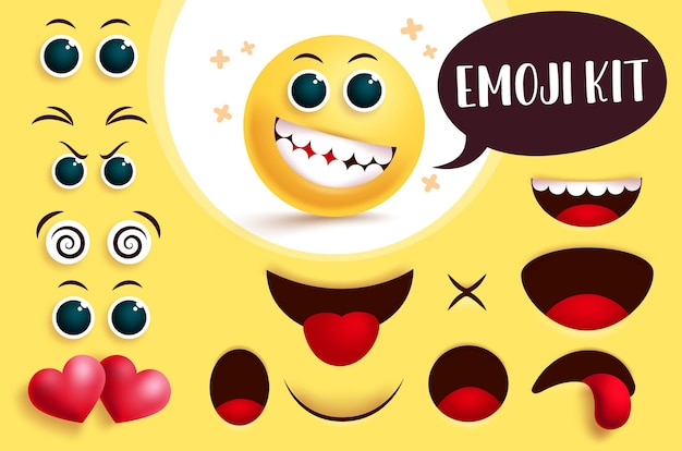 Kit de creación de vectores emoji Emoji de cara amarilla y emoticono con ojos y boca editables para crear lindos