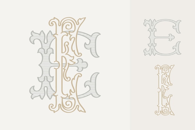 Vector kit de creador de monograma de boda con letra e alfabeto de estilo histórico elegante para invitaciones de fiesta