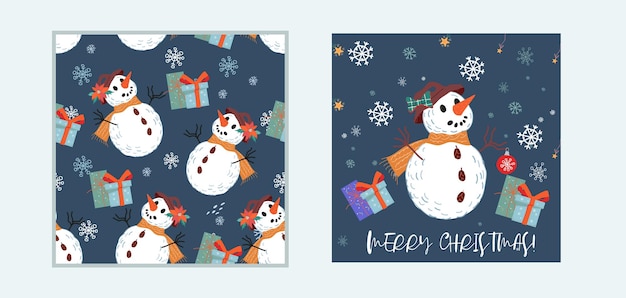 Kit de decoración navideña con patrones sin fisuras y diseño de tarjetas de felicitación ilustración vectorial plana sobre fondo azul oscuro Paquete de diseños navideños