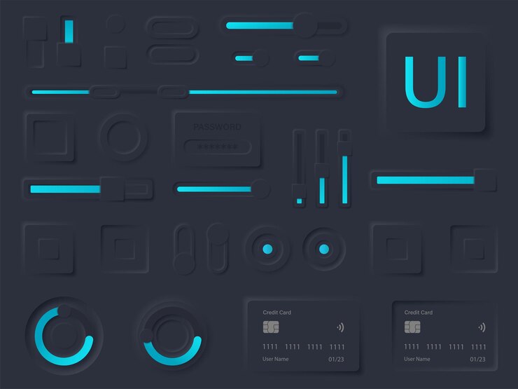 Vector kit de diseño de interfaz de usuario de neumorfismo oscuro. conjunto de iconos de ux de interfaz de usuario de neumorfismo. elementos de la interfaz de usuario para aplicaciones. colección de botones neumorfos. gráfico vectorial. eps 10